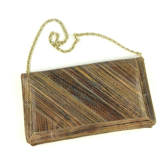 Genuine Snakeskin Clutch Bag Purse Brown Envelope Snap Unbranded Vintage Reptile - Picture 1 of 7